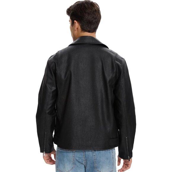 Men Black Faux Leather Biker Jacket Slim Fit Motorcycle Bomber Zip Up Coat - Picture 3 of 6